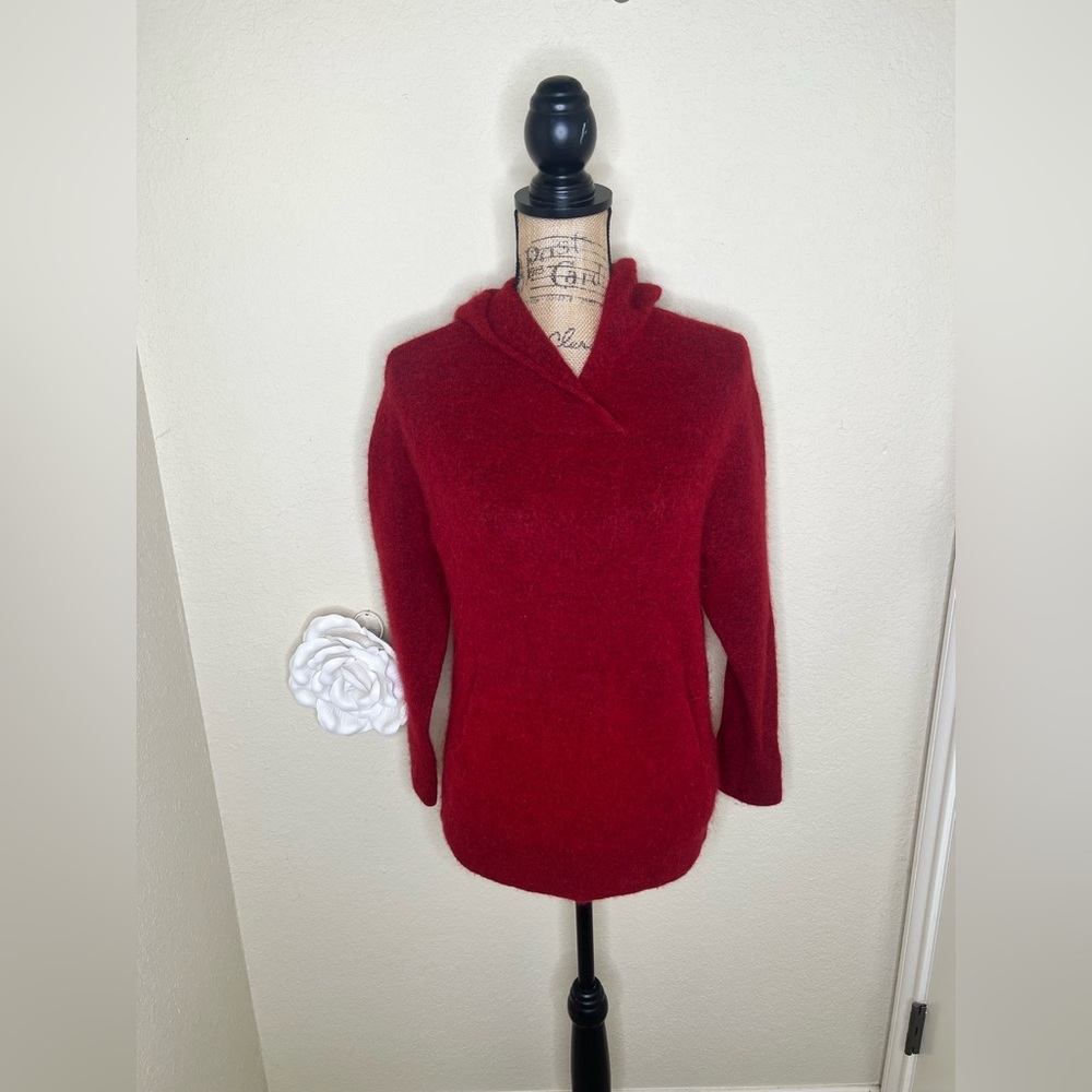 Vince Italy Wool Alpaca Blend Fuzzy Hooded Sweater Cherry Red Oversized XS
